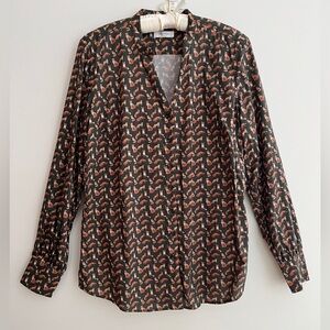 STENSTROMS Long Sleeve Button Front Shirt Split Neck Fox Pattern Feminine Fit